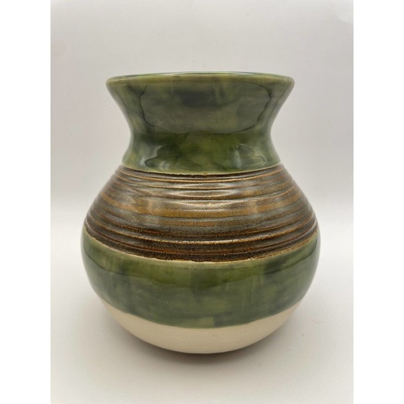 Studio Art Pottery Vase Hand Painted in Green with Textured Brown Stripes - Picture 3 of 11